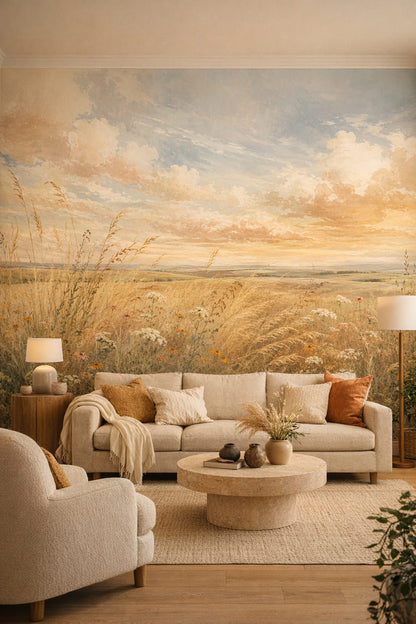 Organic Modern cream wildflower meadow featuring golden grasses - Wall Mural Peel and Stick Wallpaper for Organic Modern Living Room.