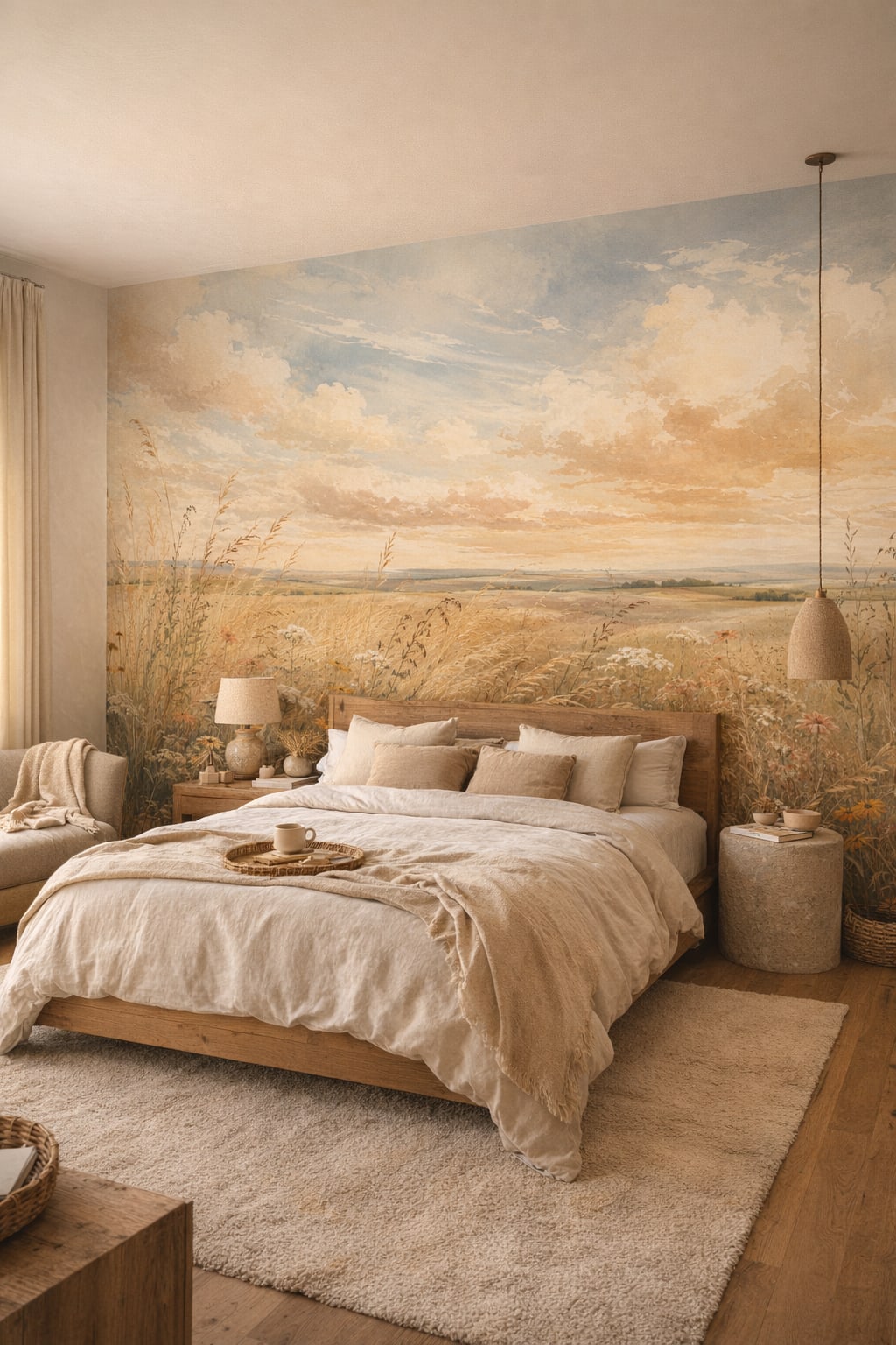Muted earth-tone Wabi-sabi wildflower meadow featuring golden grasses - Wall Mural Peel and Stick Wallpaper for Wabi-sabi Master Bedroom.