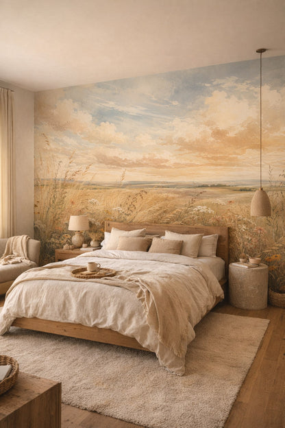 Muted earth-tone Wabi-sabi wildflower meadow featuring golden grasses - Wall Mural Peel and Stick Wallpaper for Wabi-sabi Master Bedroom.