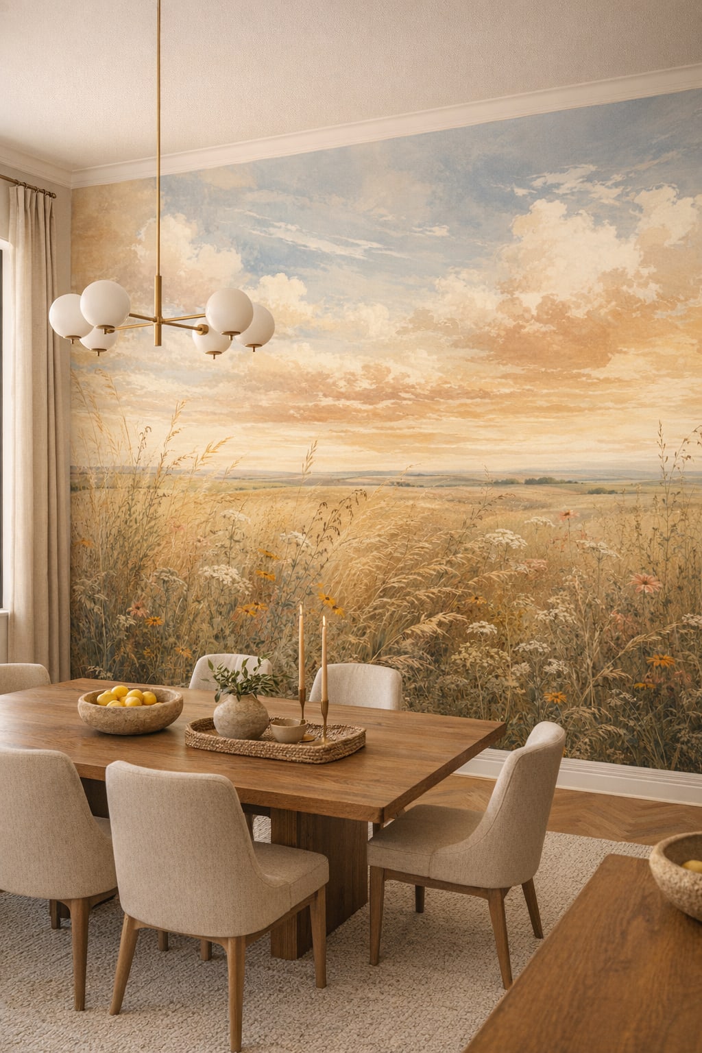 Mediterranean Modern blue-sand wildflower meadow featuring golden grasses - Wall Mural Peel and Stick Wallpaper for Mediterranean Modern Formal Dining Room.