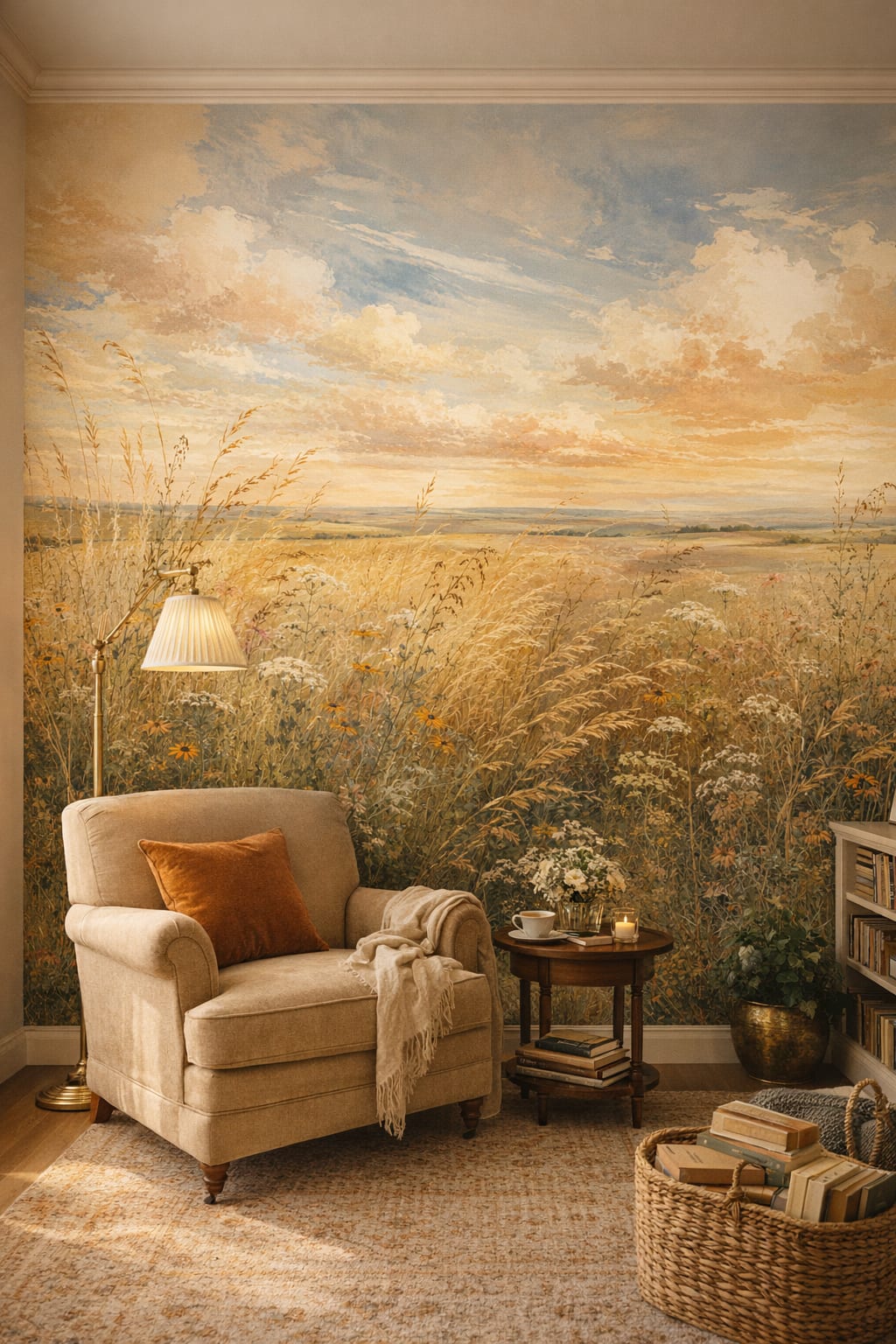 Cottage green wildflower meadow featuring golden grasses - Wall Mural Peel and Stick Wallpaper for English Cottage Reading Corner.