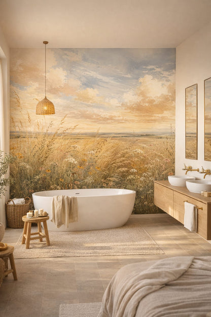 Scandinavian white-gray wildflower meadow featuring golden grasses - Wall Mural Peel and Stick Wallpaper for Scandinavian Luxury Bathroom.