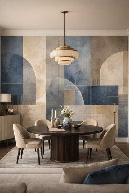 Art Deco black gold geometric blocks featuring arch shapes - Wall Mural Peel and Stick Wallpaper for Art Deco Formal Dining Room.