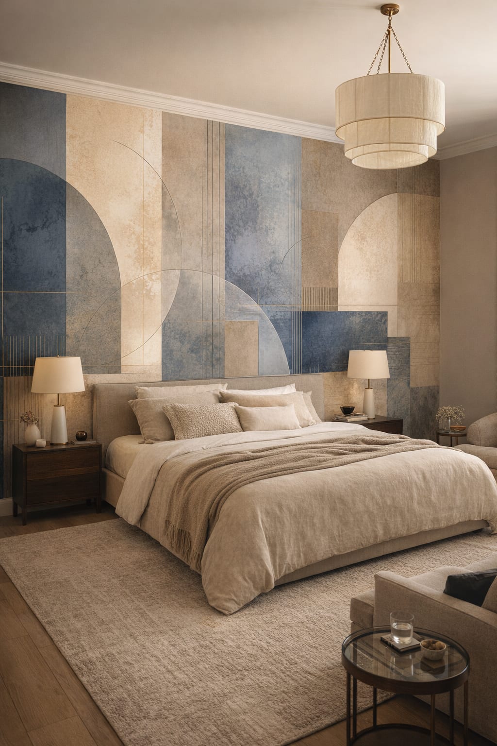 Quiet Luxury greige geometric blocks featuring arch shapes - Wall Mural Peel and Stick Wallpaper for Quiet Luxury Master Bedroom.