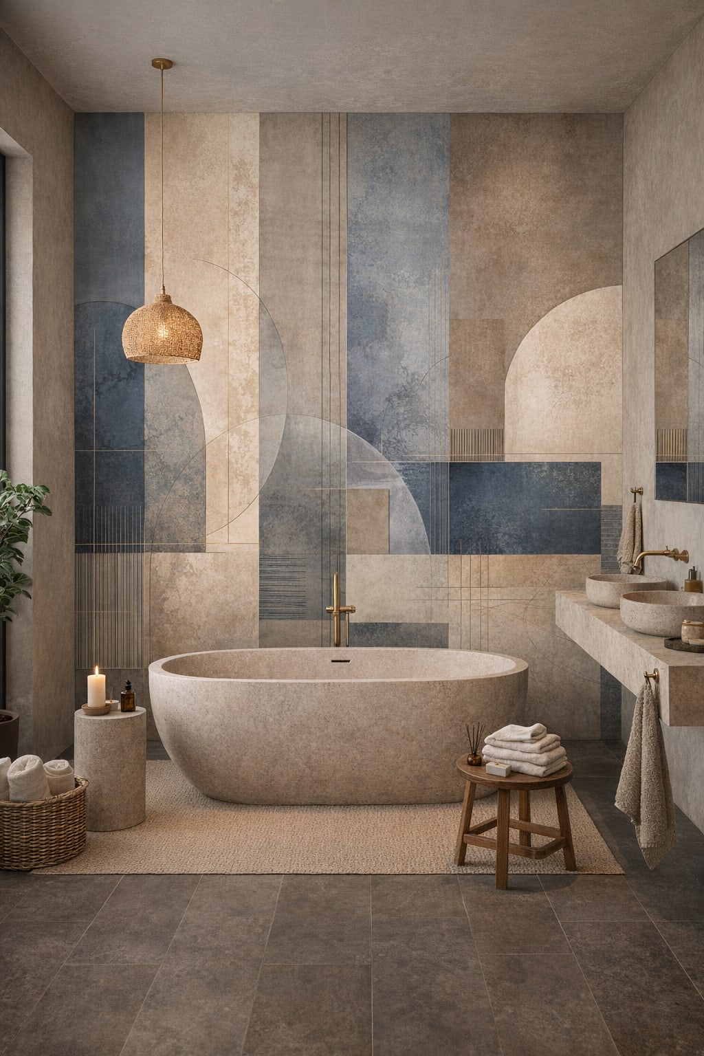 Brutalist gray geometric blocks featuring arch shapes - Wall Mural Peel and Stick Wallpaper for Brutalist Luxury Bathroom.