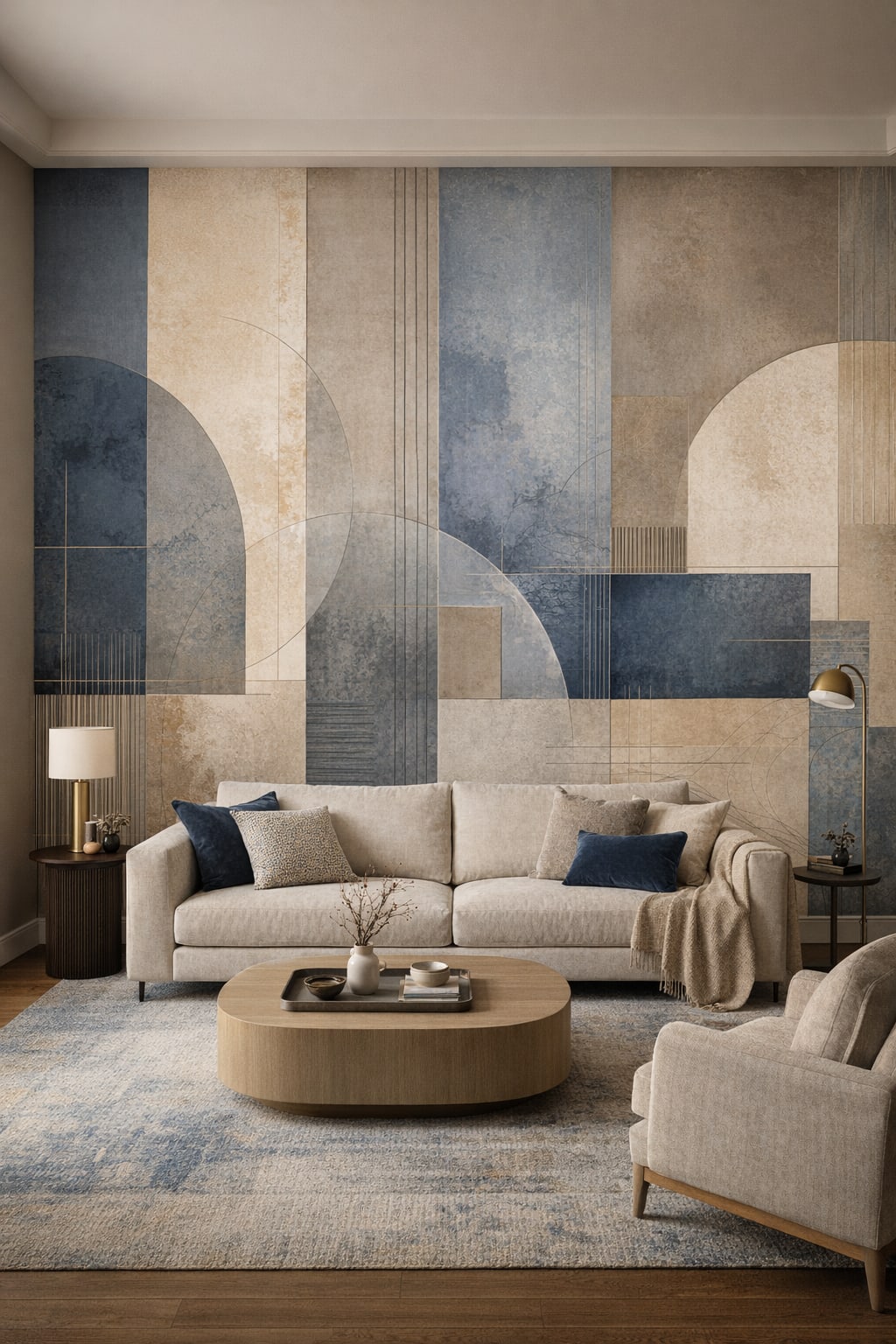 Neutral stone geometric blocks featuring arch shapes - Wall Mural Peel and Stick Wallpaper for Luxury Contemporary Living Room.