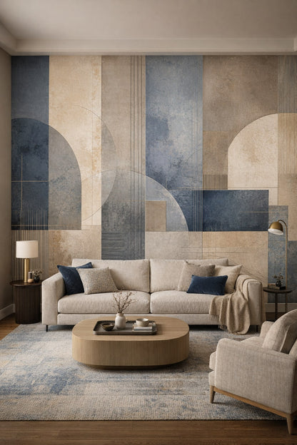 Neutral stone geometric blocks featuring arch shapes - Wall Mural Peel and Stick Wallpaper for Luxury Contemporary Living Room.