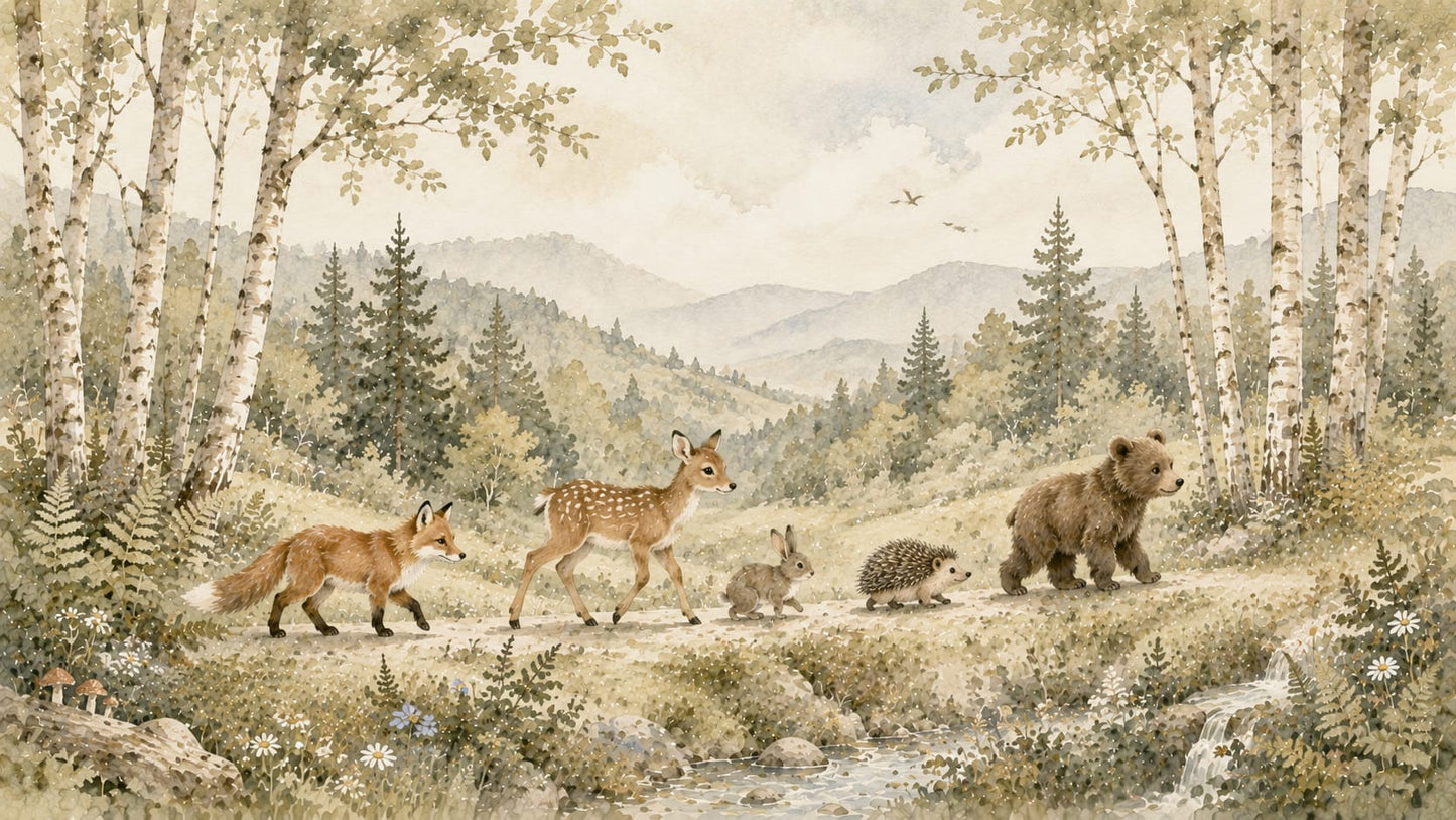 Gentle Watercolor Beige woodland animals featuring forest landscape and birch trees - Wall Mural & Peel and Stick Wallpaper for Watercolor Nursery or Kids Room