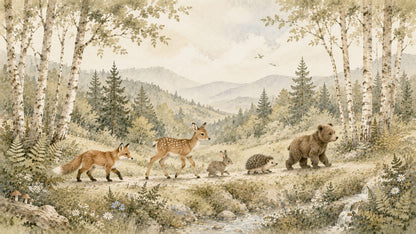 Gentle Watercolor Beige woodland animals featuring forest landscape and birch trees - Wall Mural & Peel and Stick Wallpaper for Watercolor Nursery or Kids Room