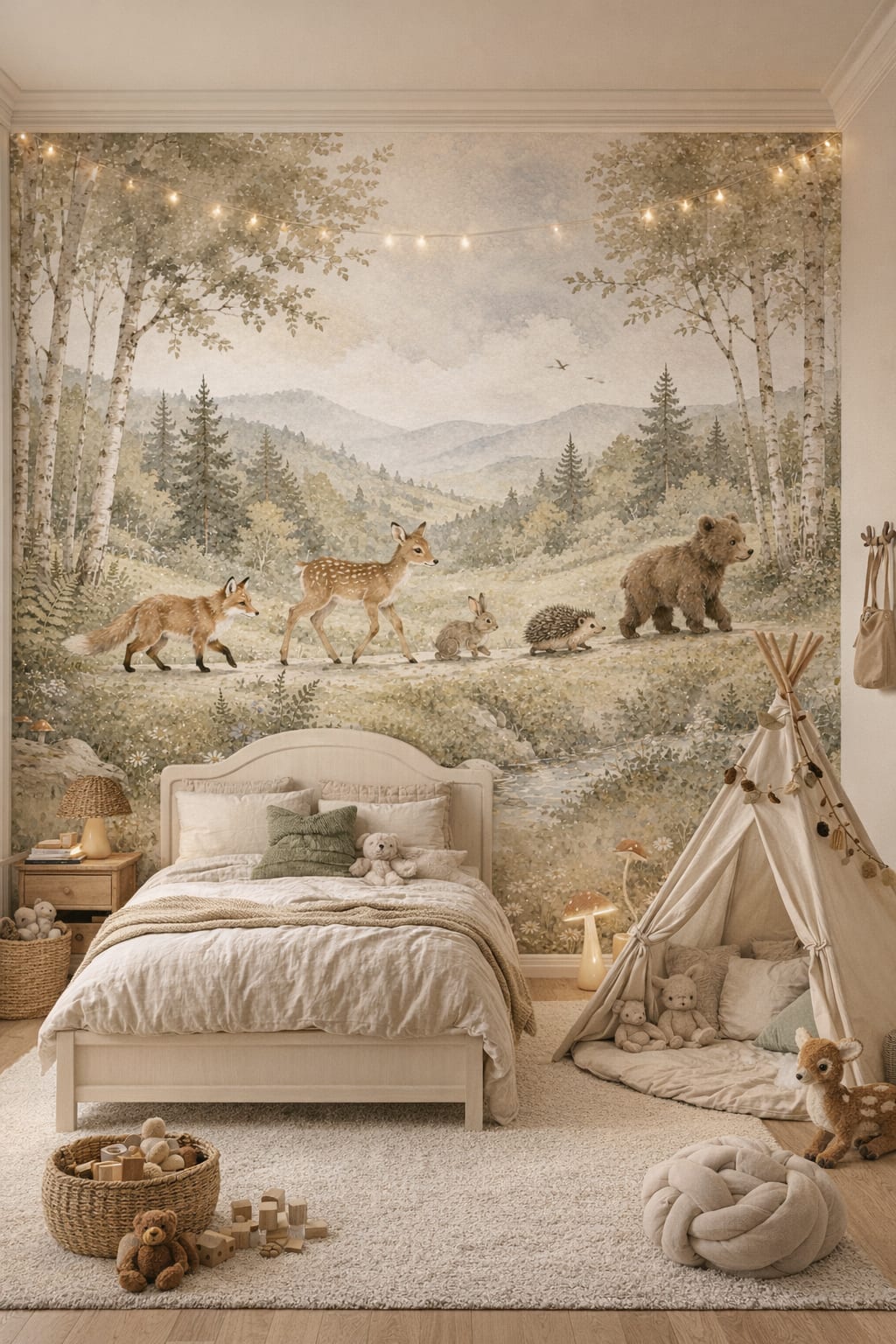 Moss green cream woodland animals featuring birch trees - Wall Mural Peel and Stick Wallpaper for Woodland / Forest Kids Bedroom.