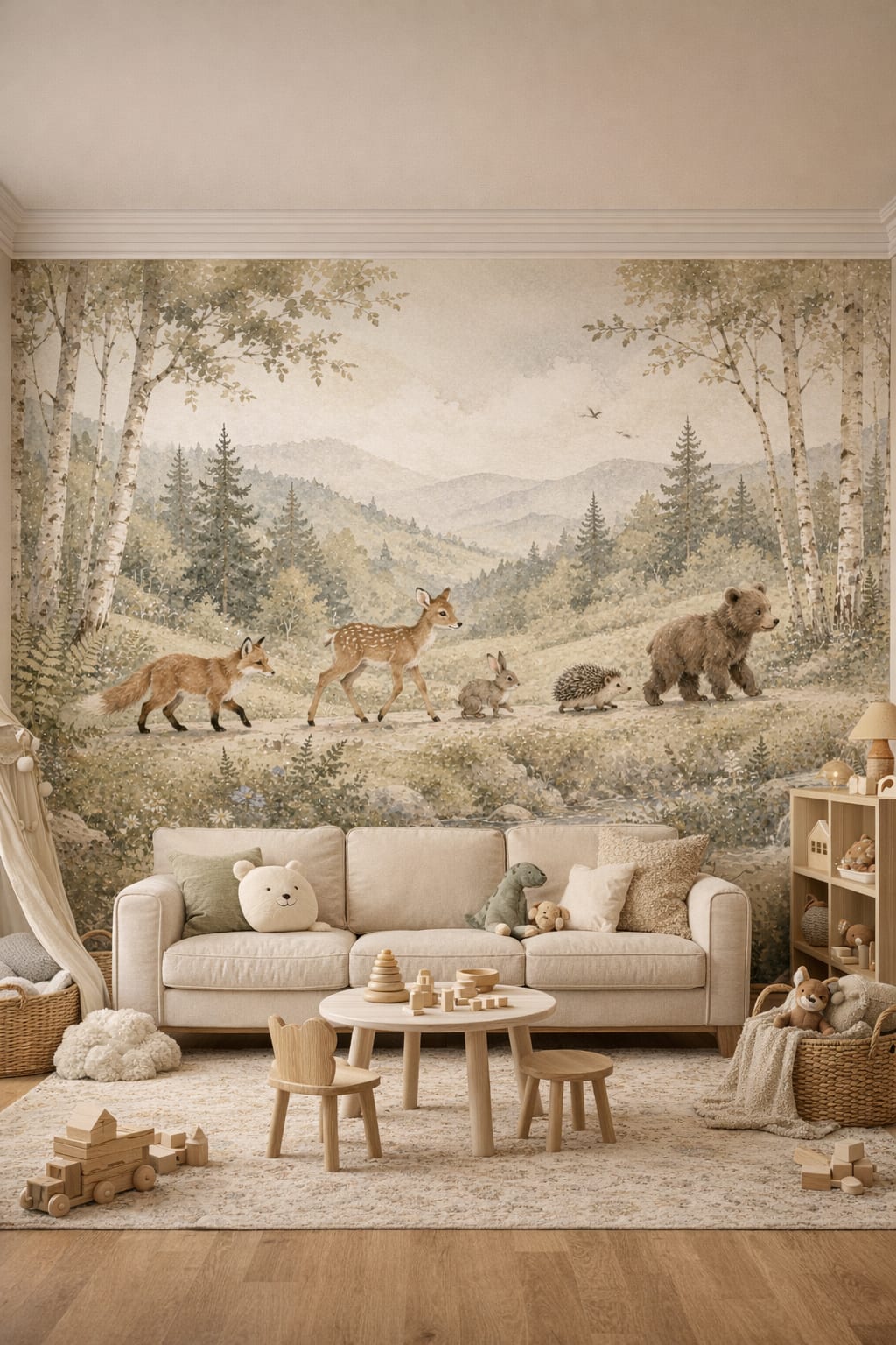 Scandi Kids white woodland animals featuring birch trees - Wall Mural Peel and Stick Wallpaper for Scandi Kids Playroom.