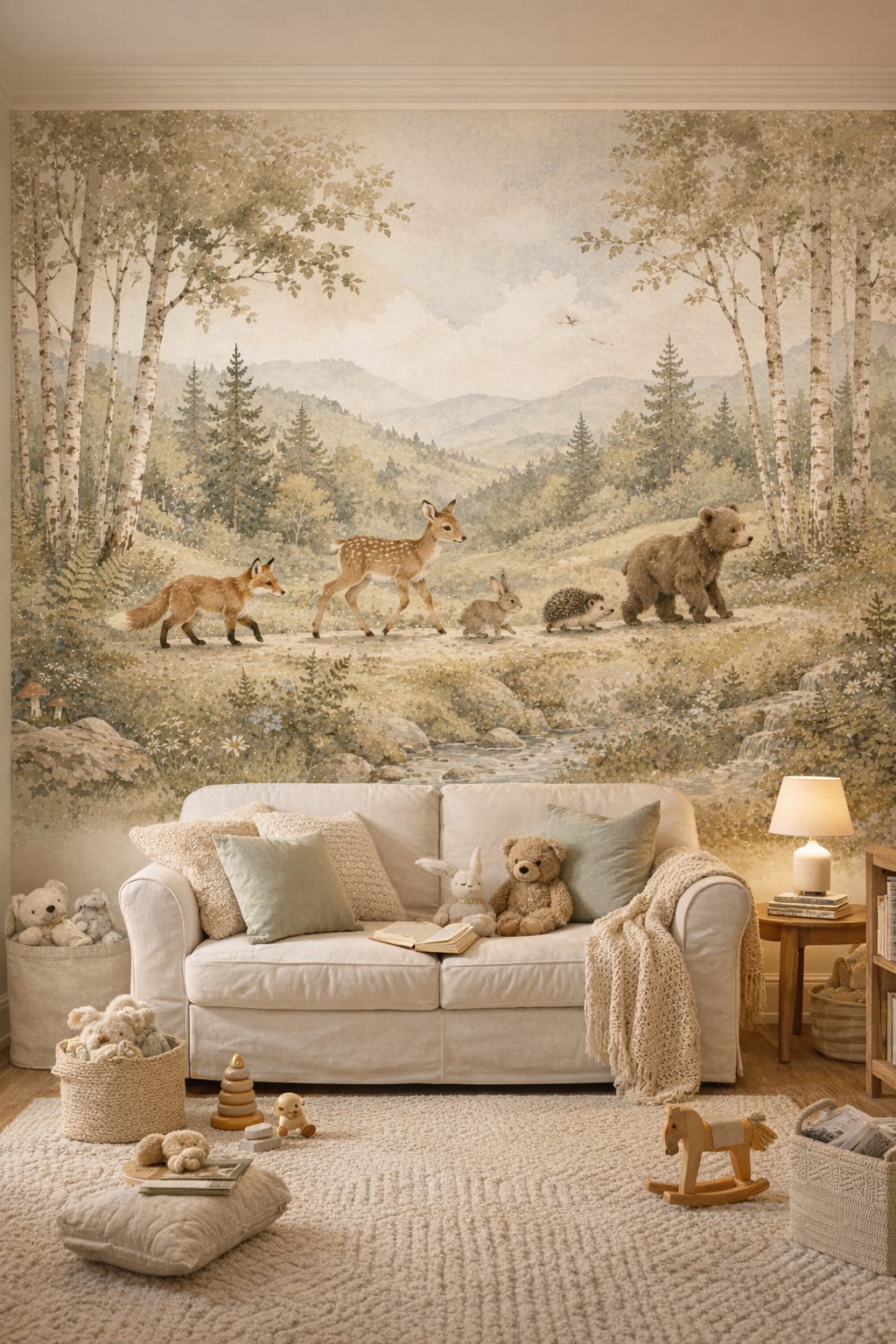 Dusty rose Classic Storybook woodland animals featuring birch trees - Wall Mural Peel and Stick Wallpaper for Classic Storybook Reading Corner.