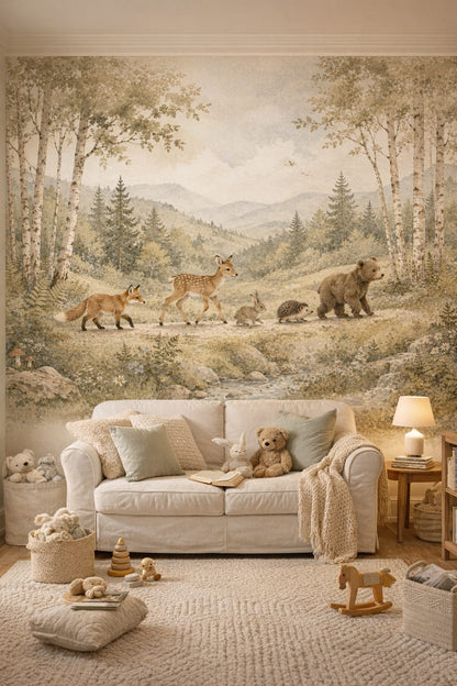 Dusty rose Classic Storybook woodland animals featuring birch trees - Wall Mural Peel and Stick Wallpaper for Classic Storybook Reading Corner.