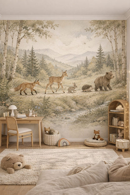 Whimsical Boho Sage woodland animals featuring forest landscape - Wall Mural Peel and Stick Wallpaper for Whimsical Boho Homework / Study Corner.