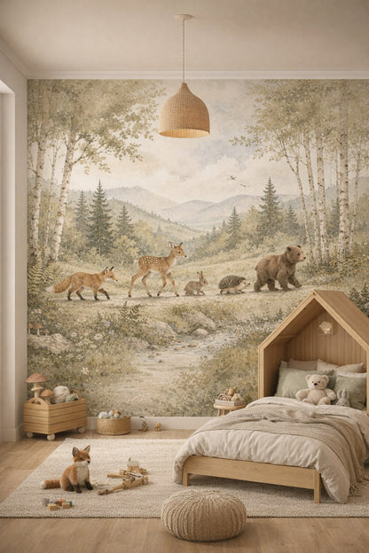 Modern Montessori neutrals woodland animals featuring birch trees - Wall Mural Peel and Stick Wallpaper for Modern Montessori Kids Bedroom.