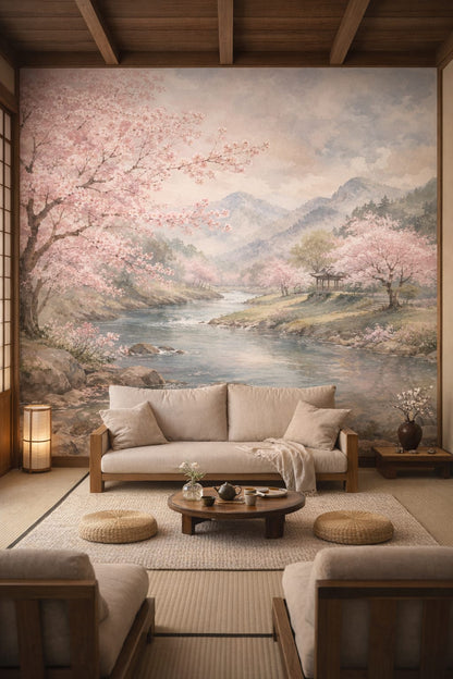 Traditional Japanese neutral cherry blossom landscape featuring garden pavilion - Wall Mural Peel and Stick Wallpaper for Traditional Japanese Meditation Room.