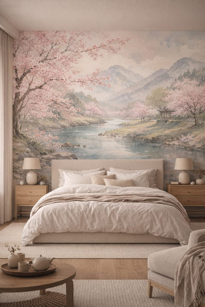 Japandi sand cherry blossom landscape featuring garden pavilion - Wall Mural Peel and Stick Wallpaper for Japandi Master Bedroom.