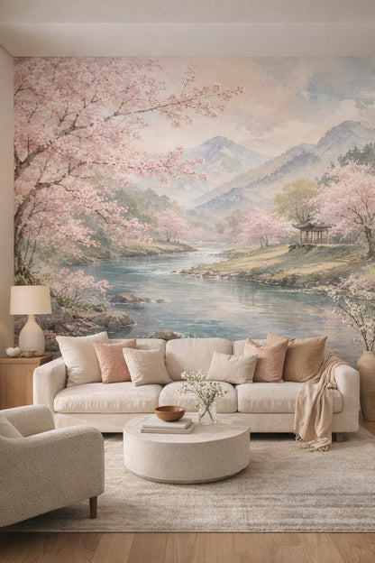 Organic Modern cream cherry blossom landscape featuring mountain river - Wall Mural Peel and Stick Wallpaper for Organic Modern Living Room.