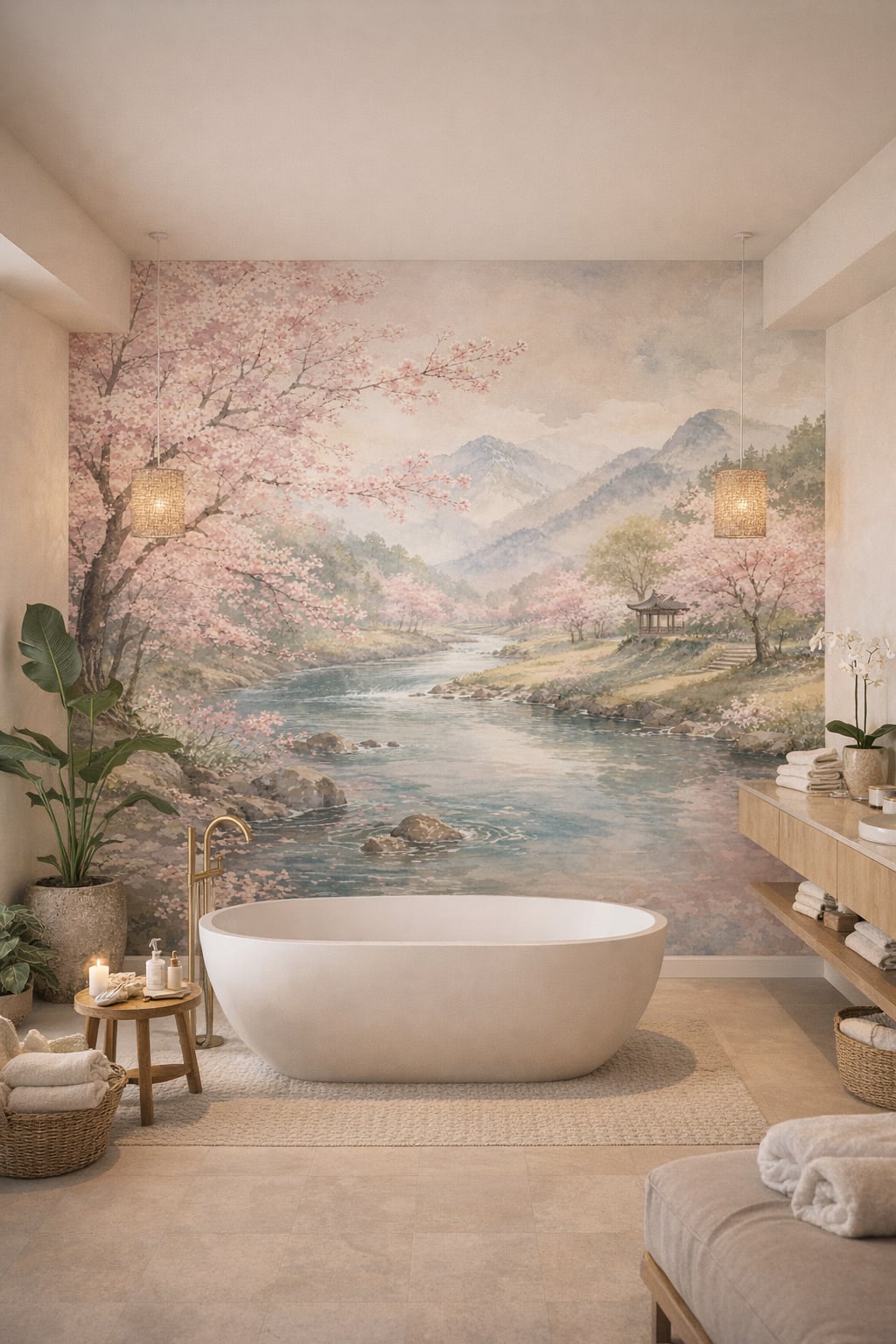 Green-neutral biophilic cherry blossom landscape featuring mountain river - Wall Mural Peel and Stick Wallpaper for Biophilic Design Luxury Bathroom.