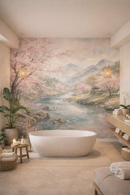 Green-neutral biophilic cherry blossom landscape featuring mountain river - Wall Mural Peel and Stick Wallpaper for Biophilic Design Luxury Bathroom.