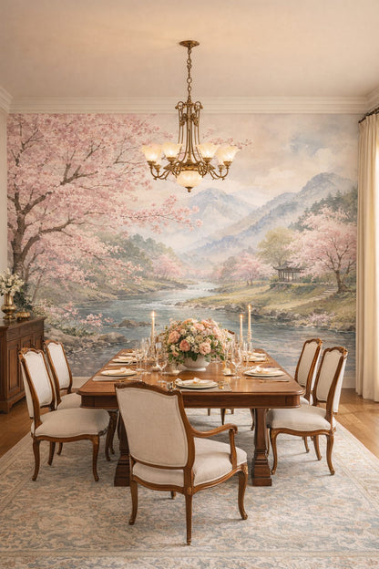 Art Nouveau cream-green cherry blossom landscape featuring mountain river - Wall Mural Peel and Stick Wallpaper for Art Nouveau Formal Dining Room.