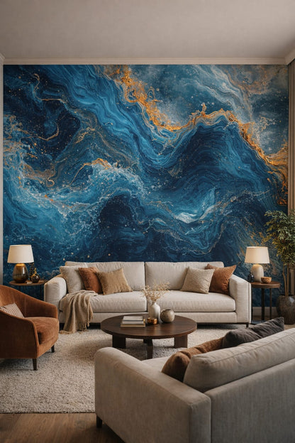 Luxury Contemporary deep-teal abstract marble flow featuring gold veining - Wall Mural Peel and Stick Wallpaper for Luxury Contemporary Living Room.