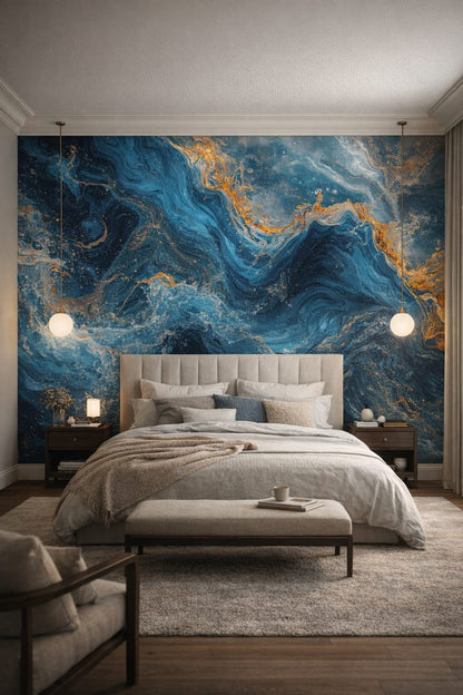 Quiet Luxury deep blue-green abstract marble flow featuring gold veining - Wall Mural Peel and Stick Wallpaper for Quiet Luxury Master Bedroom.
