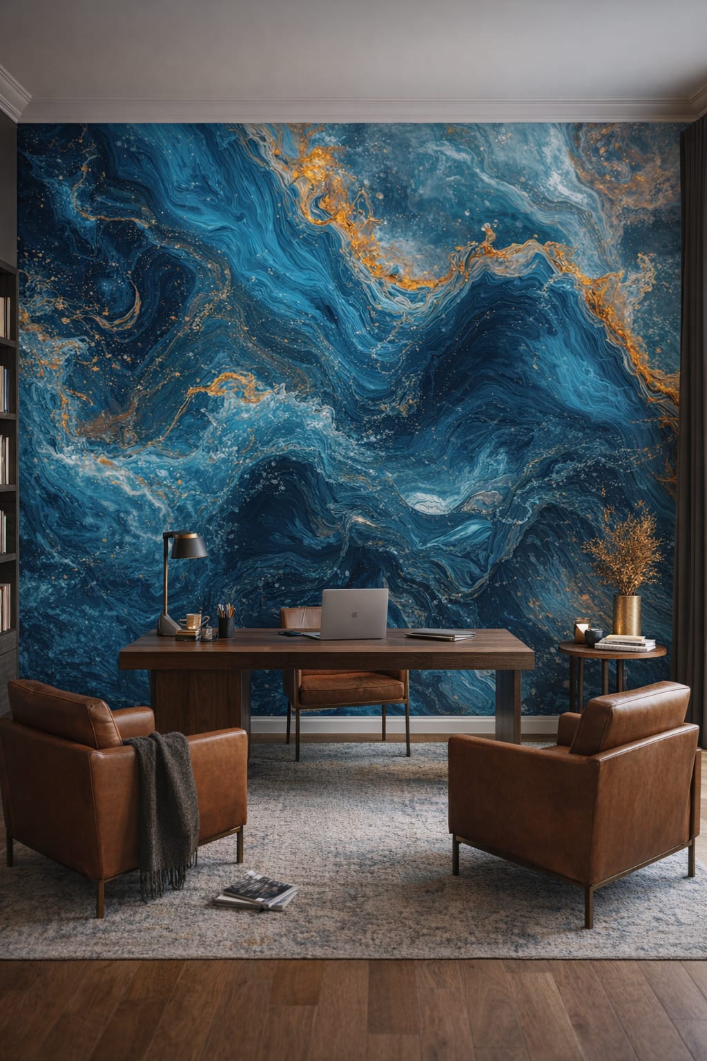 Modern (Modernist) deep teal abstract marble flow featuring gold veining - Wall Mural Peel and Stick Wallpaper for Modern (Modernist) Executive Home Office.