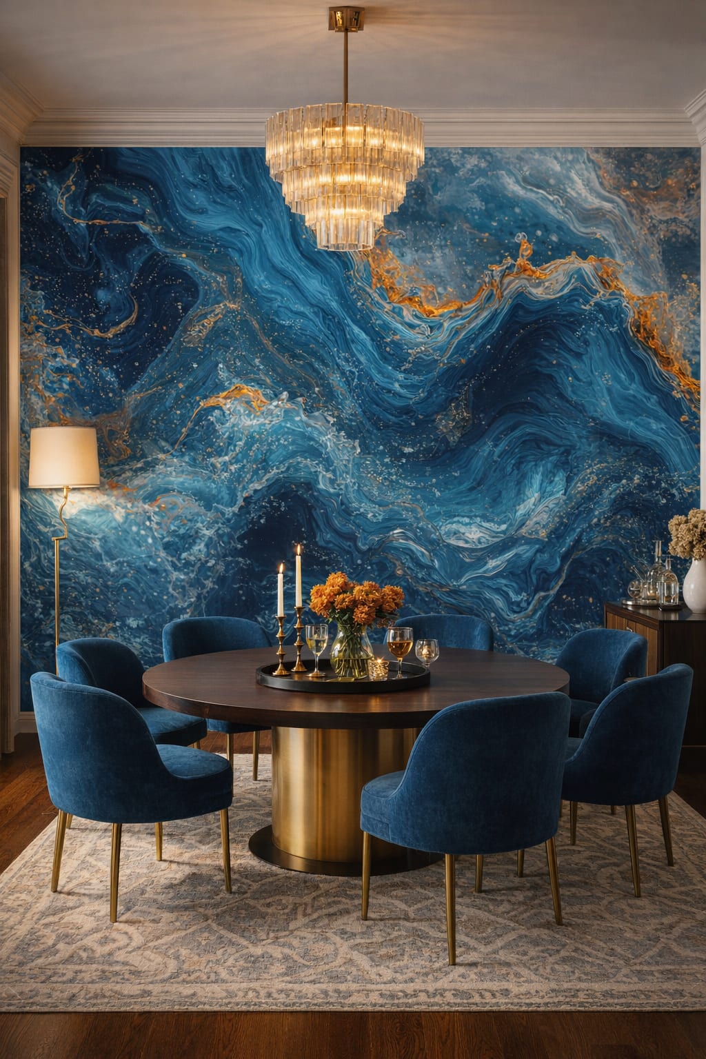 Art Deco deep-navy abstract marble flow featuring gold veining - Wall Mural Peel and Stick Wallpaper for Art Deco Formal Dining Room.