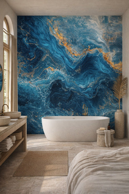 Mediterranean Modern blue-toned abstract marble flow featuring gold veining - Wall Mural Peel and Stick Wallpaper for Mediterranean Modern Luxury Bathroom.