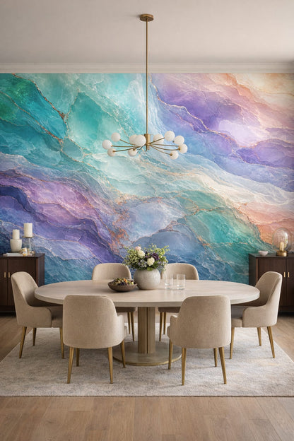 Aqua lavender abstract mineral - Wall Mural Peel and Stick Wallpaper for Luxury Contemporary Formal Dining Room.