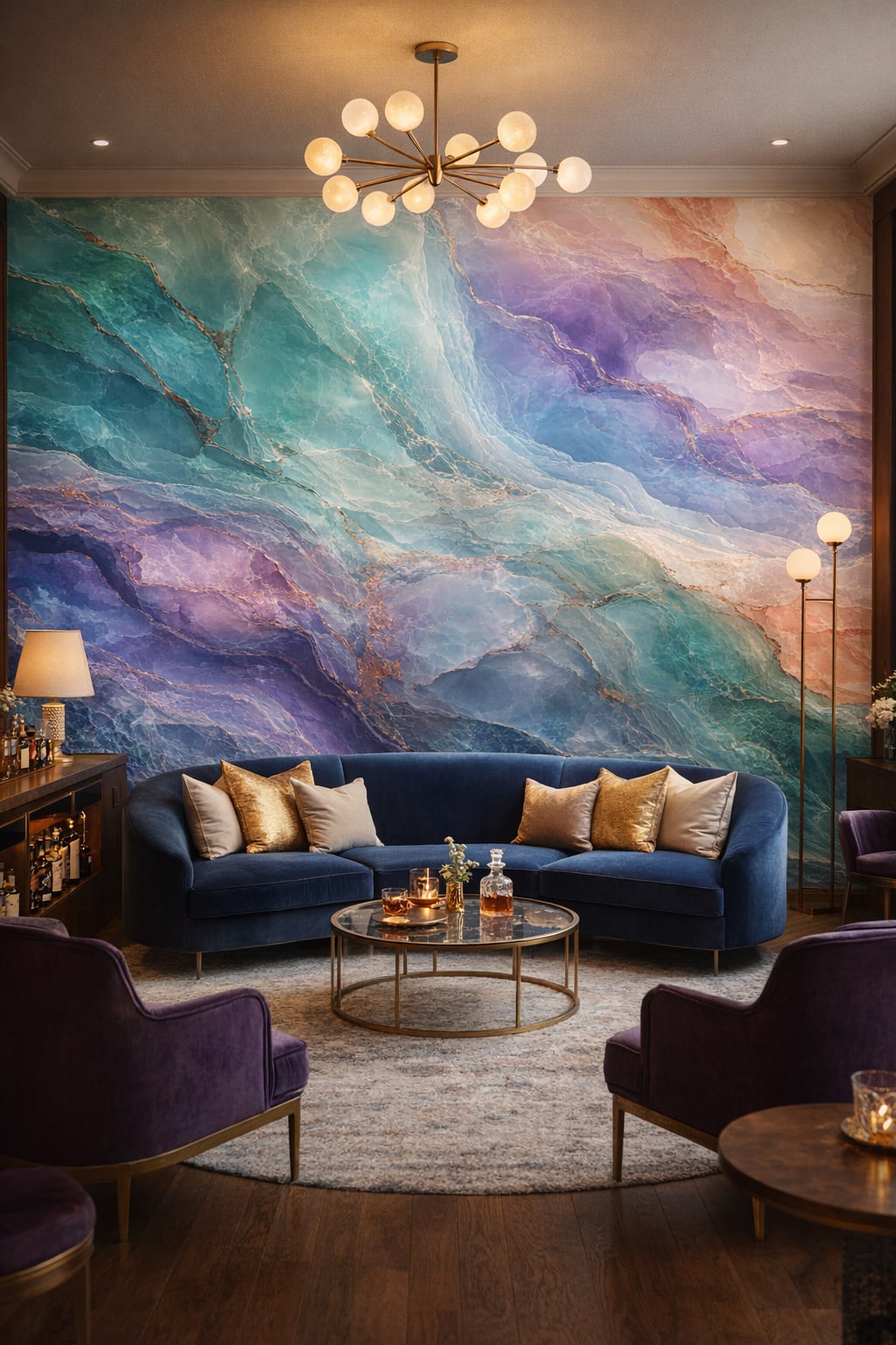 Teal-violet Art Deco abstract mineral - Wall Mural Peel and Stick Wallpaper for Art Deco Bar/Lounge.