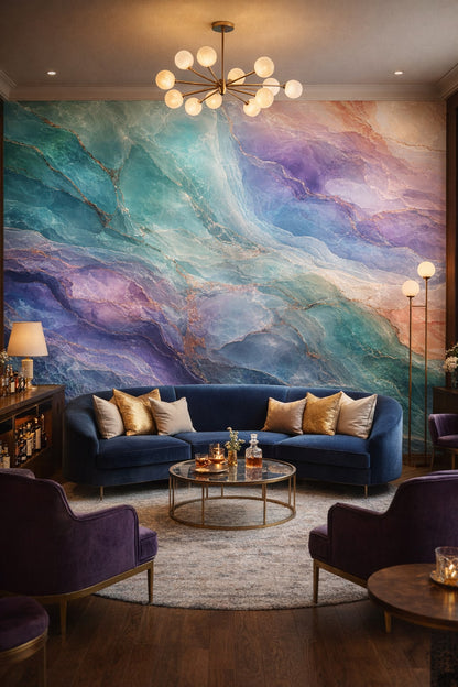 Teal-violet Art Deco abstract mineral - Wall Mural Peel and Stick Wallpaper for Art Deco Bar/Lounge.