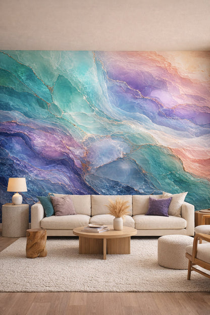 Organic Modern aqua-cream abstract mineral - Wall Mural Peel and Stick Wallpaper for Organic Modern Living Room.