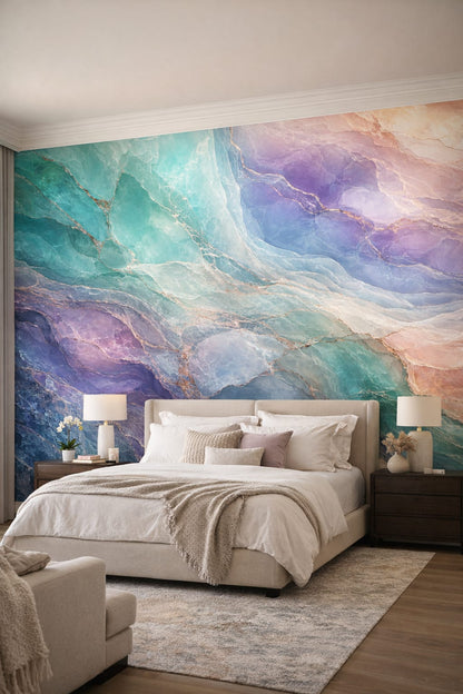 Quiet Luxury misty blue abstract mineral - Wall Mural Peel and Stick Wallpaper for Quiet Luxury Master Bedroom.
