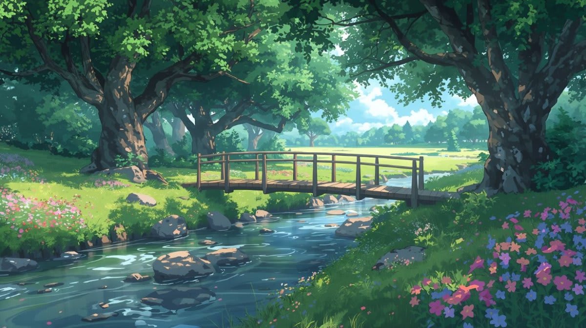 Serene airy Green forest stream bridge featuring tree canopy and wildflowers - Wall Mural & Peel and Stick Wallpaper for Watercolor Interiors and Premium Home Styling.