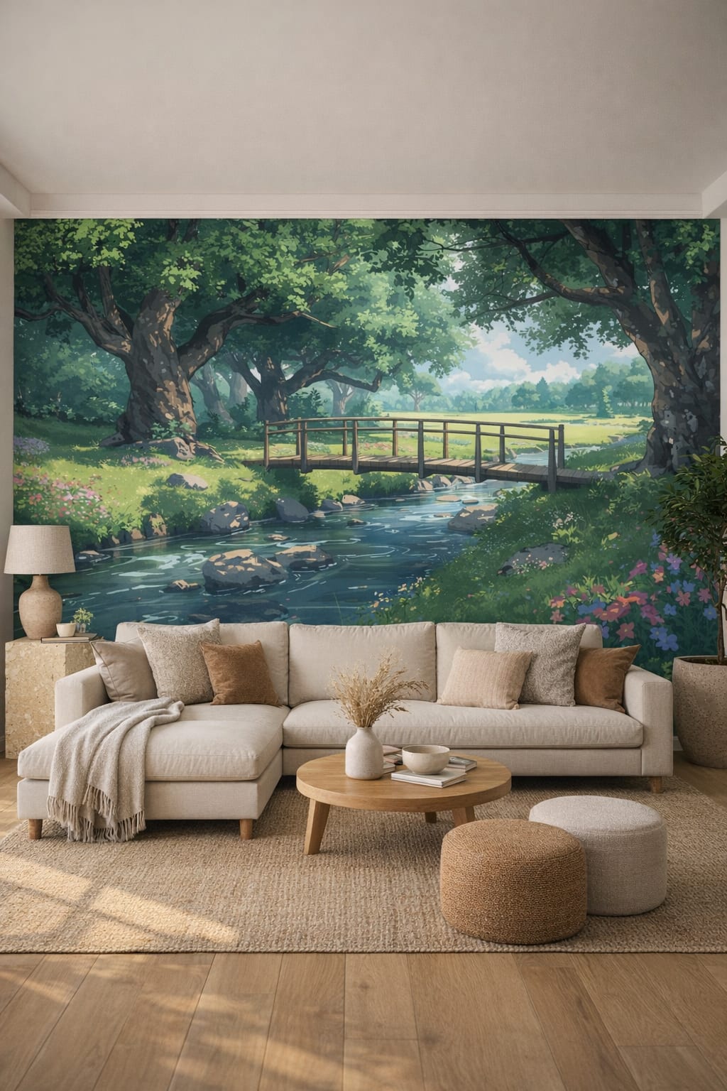 Organic Modern cream-toned forest stream bridge featuring tree canopy - Wall Mural Peel and Stick Wallpaper for Organic Modern Living Room.