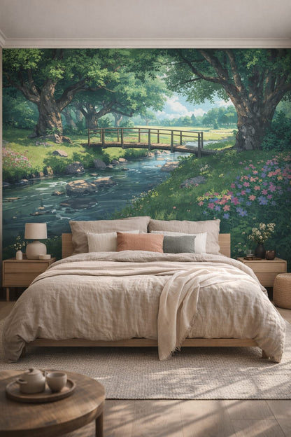 Japandi sand-toned forest stream bridge featuring tree canopy - Wall Mural Peel and Stick Wallpaper for Japandi Master Bedroom.