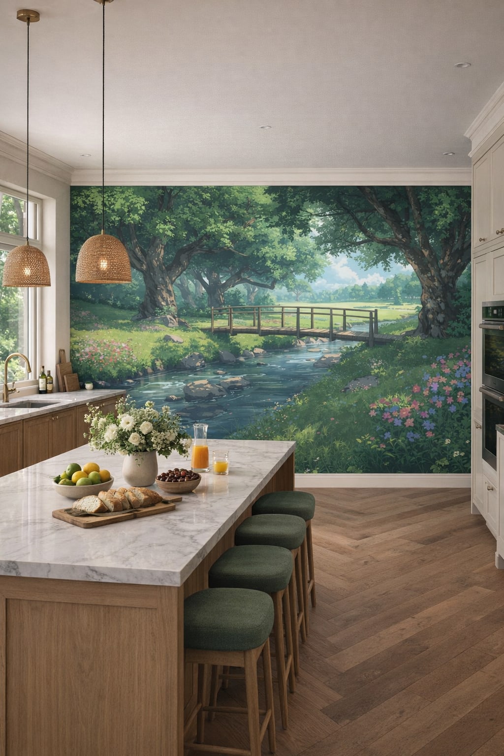 Biophilic green-neutral forest stream bridge featuring tree canopy - Wall Mural Peel and Stick Wallpaper for Biophilic Design High-end Kitchen.