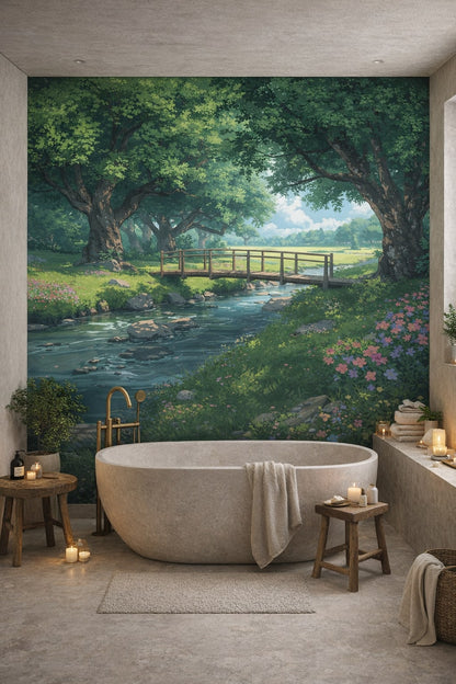 Wabi-sabi, muted earth-tone forest stream bridge featuring tree canopy - Wall Mural Peel and Stick Wallpaper for Wabi-sabi Luxury Bathroom.