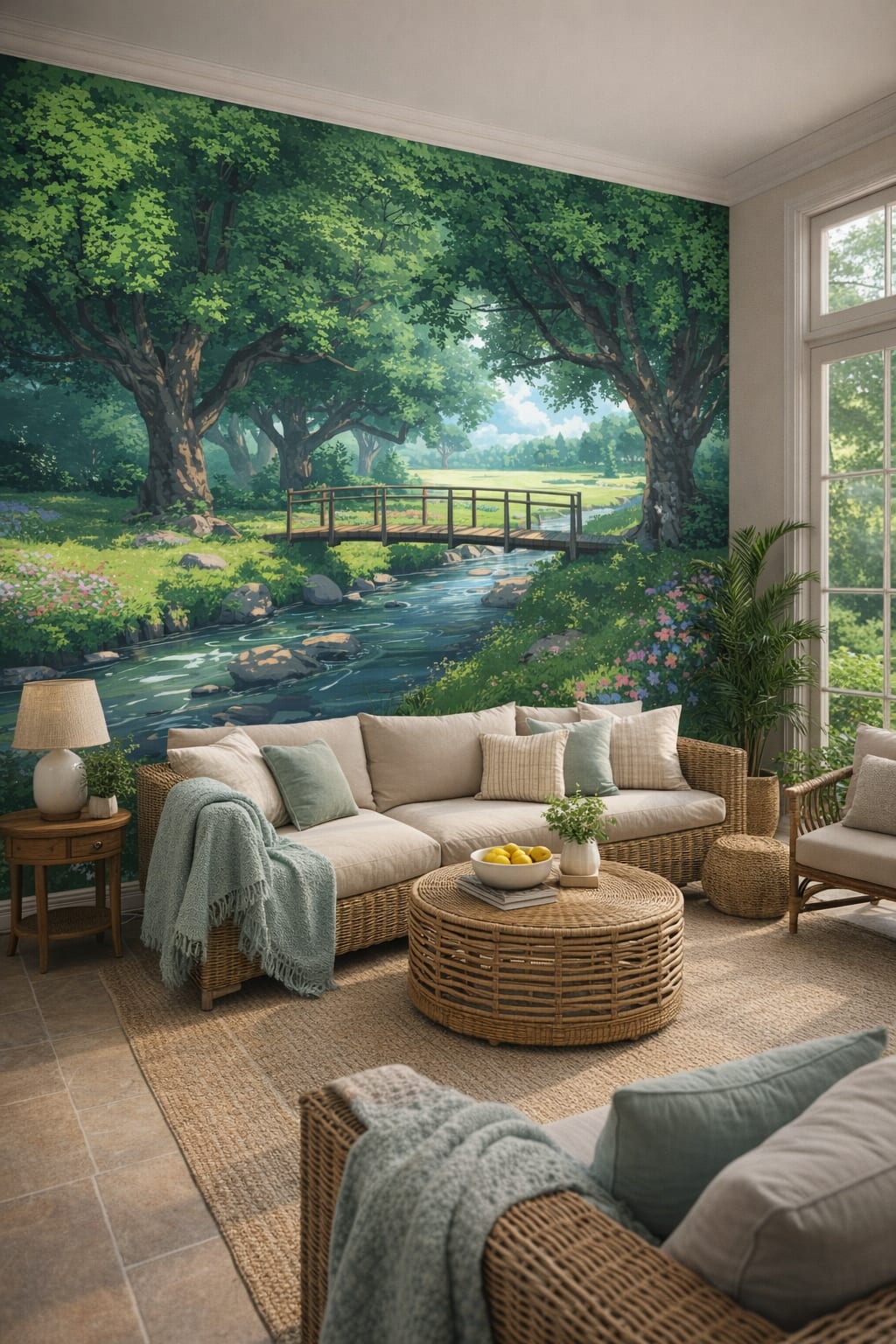 Resort Style sand-white forest stream bridge featuring tree canopy - Wall Mural Peel and Stick Wallpaper for Resort Style Sunroom / Conservatory.