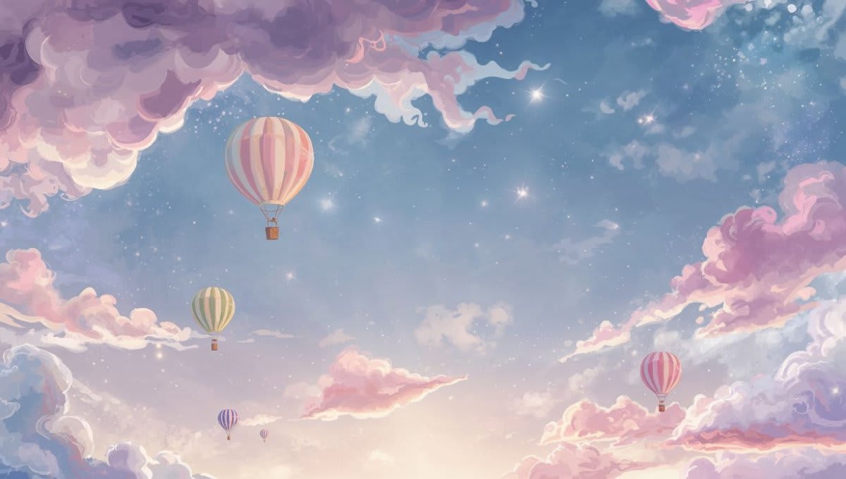 Dreamy whimsical Sky Blue hot air balloons featuring a starry sky and dreamy clouds - Wall Mural & Peel and Stick Wallpaper for Whimsical Nursery or Kids Room.