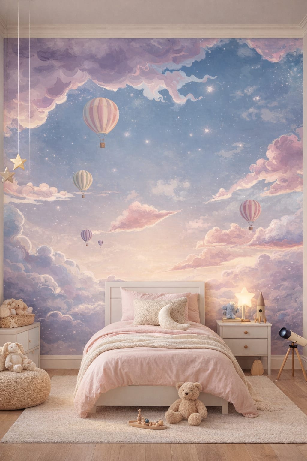 Celestial navy hot air balloons featuring starry sky - Wall Mural Peel and Stick Wallpaper for Outer Space / Celestial Kids Bedroom.