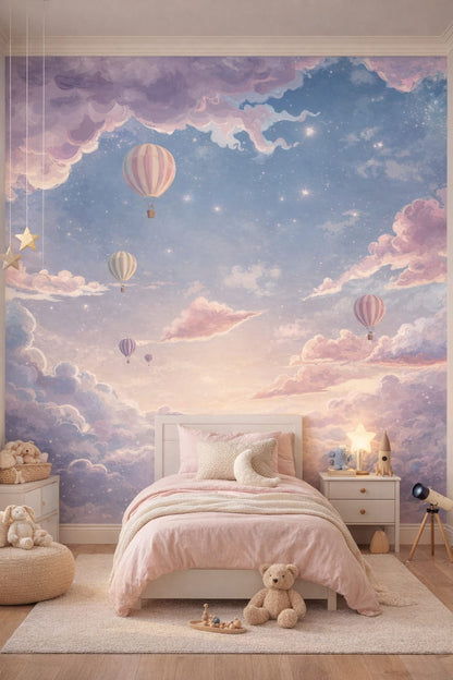 Celestial navy hot air balloons featuring starry sky - Wall Mural Peel and Stick Wallpaper for Outer Space / Celestial Kids Bedroom.