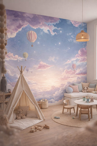 Scandi Kids minimalist, birch-toned hot air balloons featuring starry sky - Wall Mural Peel and Stick Wallpaper for Scandi Kids Playroom.