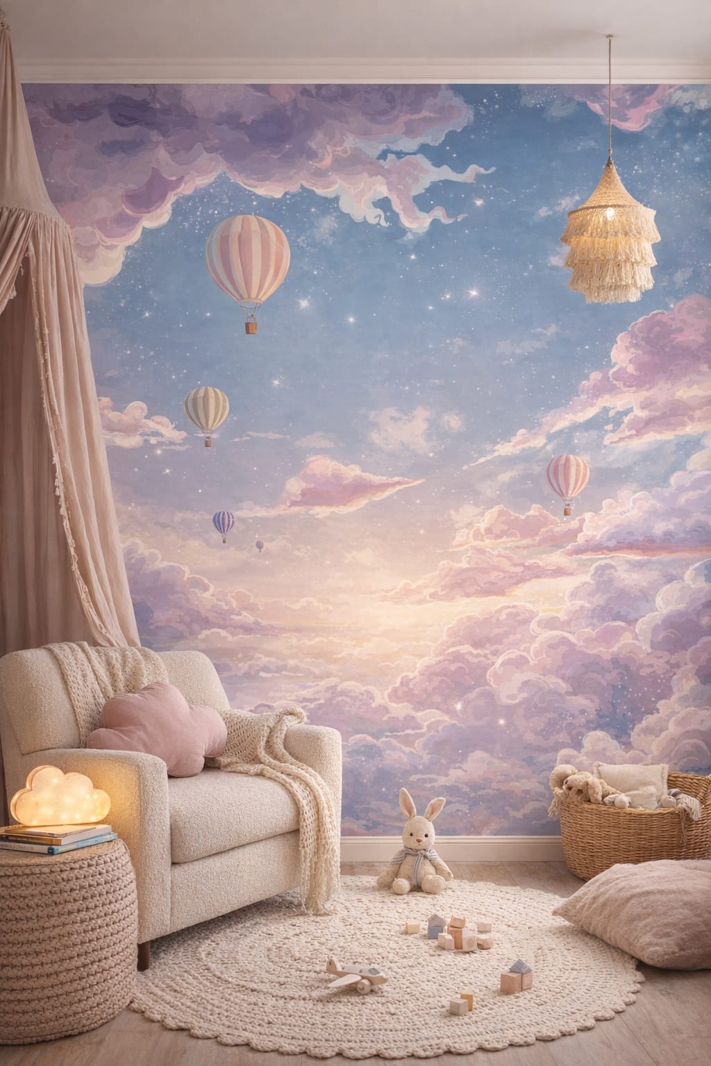 Whimsical boho, cream-toned hot air balloons featuring starry sky - Wall Mural Peel and Stick Wallpaper for Whimsical Boho Reading Corner.