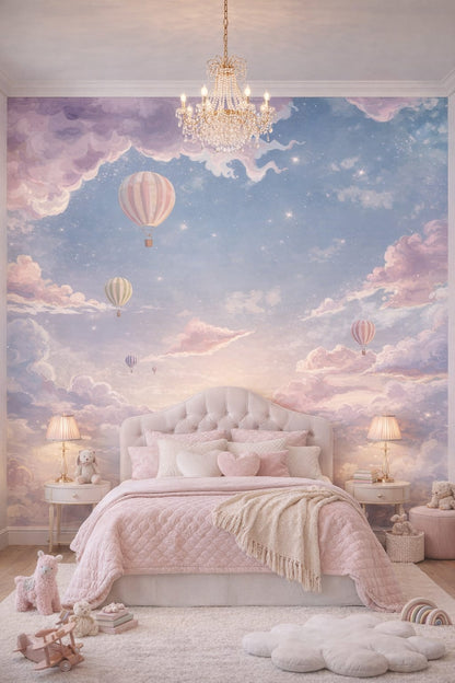 Pastel glam blush hot air balloons featuring dreamy clouds - Wall Mural Peel and Stick Wallpaper for Pastel Glam Nursery Kids Bedroom.