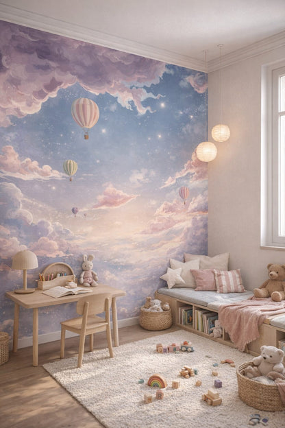 Modern Montessori, neutral-primary hot air balloons featuring dreamy clouds - Wall Mural Peel and Stick Wallpaper for Modern Montessori Homework / Study Corner.