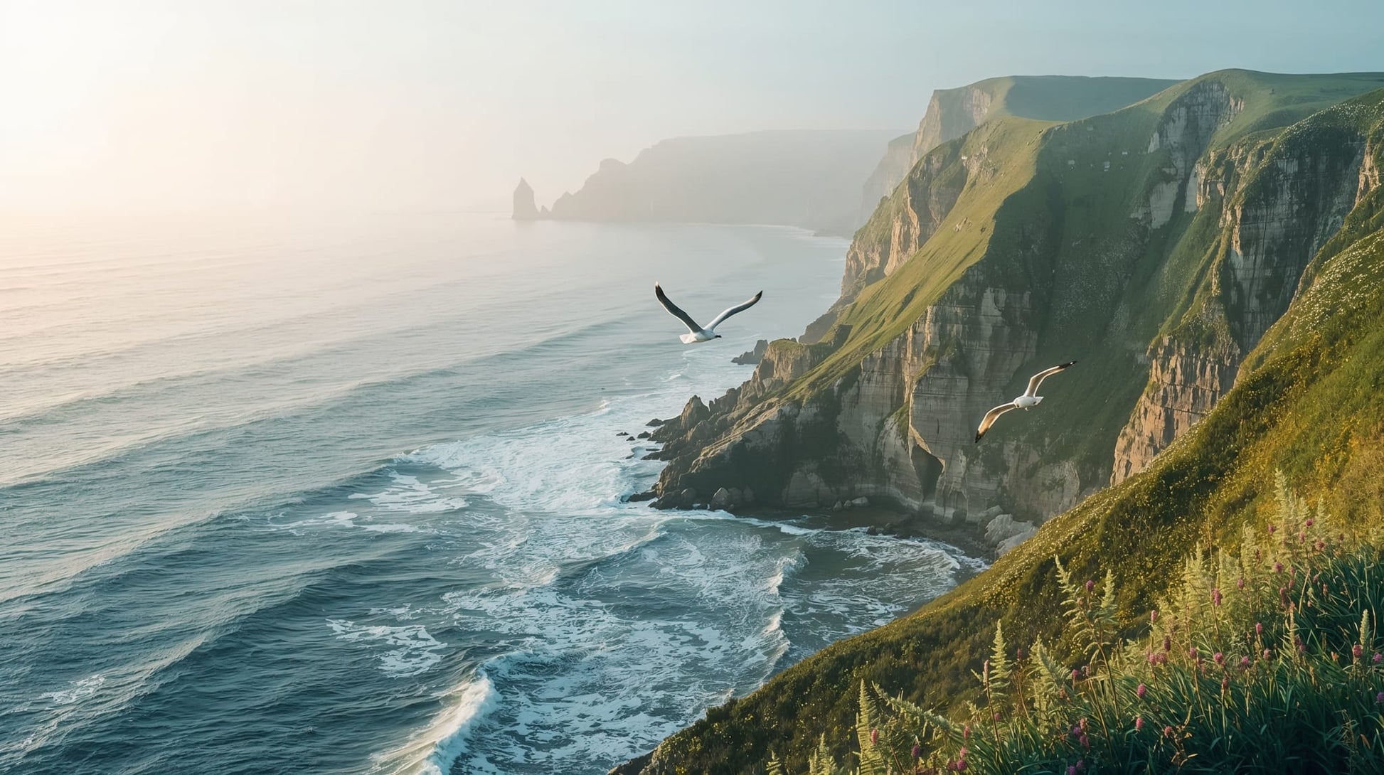 Atmospheric airy Ocean Blue coastal cliffs featuring seagulls and ocean waves - Wall Mural & Peel and Stick Wallpaper for Mural Scene Interiors and Premium Home Styling