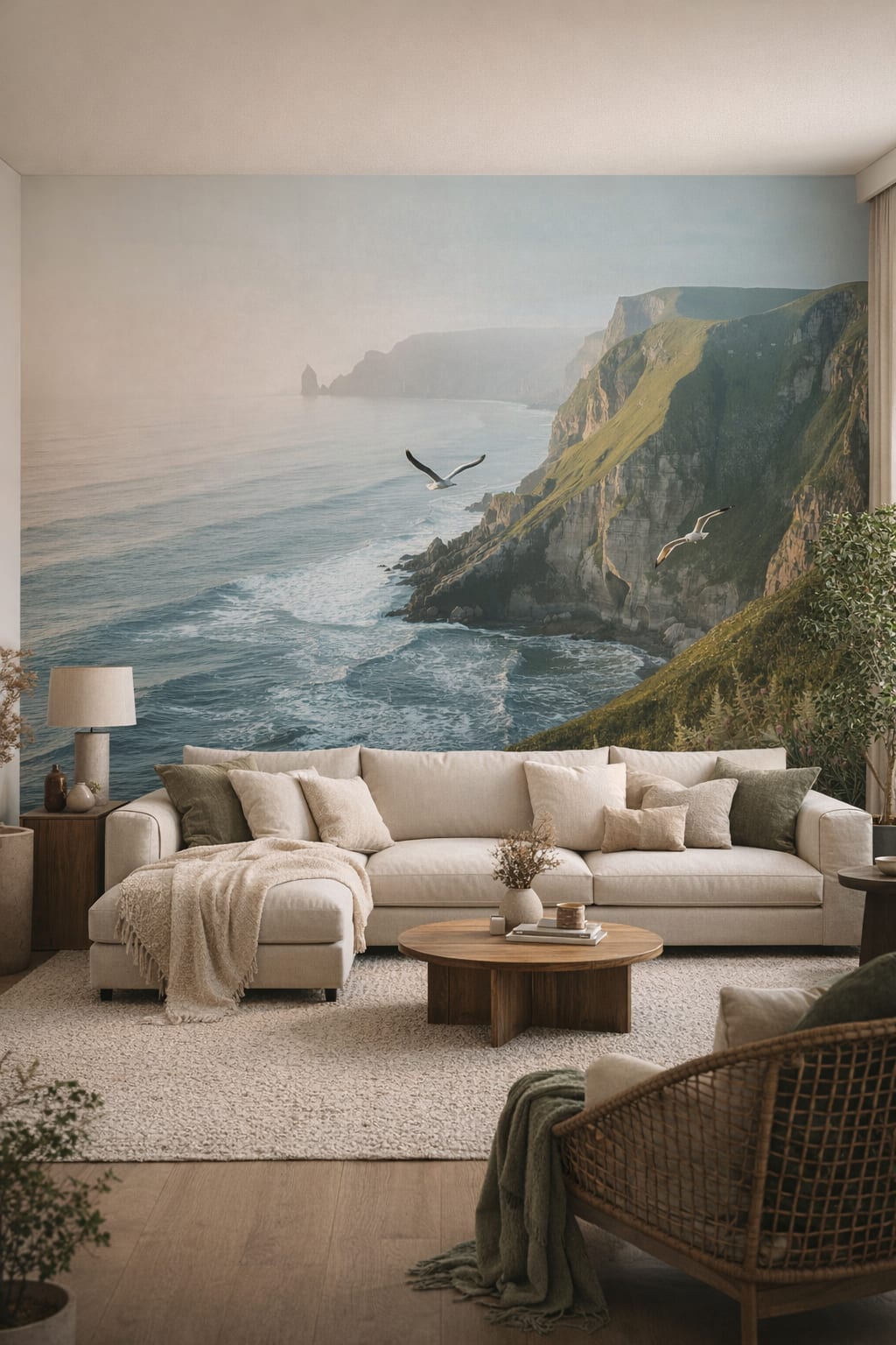 Organic Olive coastal cliffs featuring seagulls - Wall Mural Peel and Stick Wallpaper for Organic Modern Living Room.